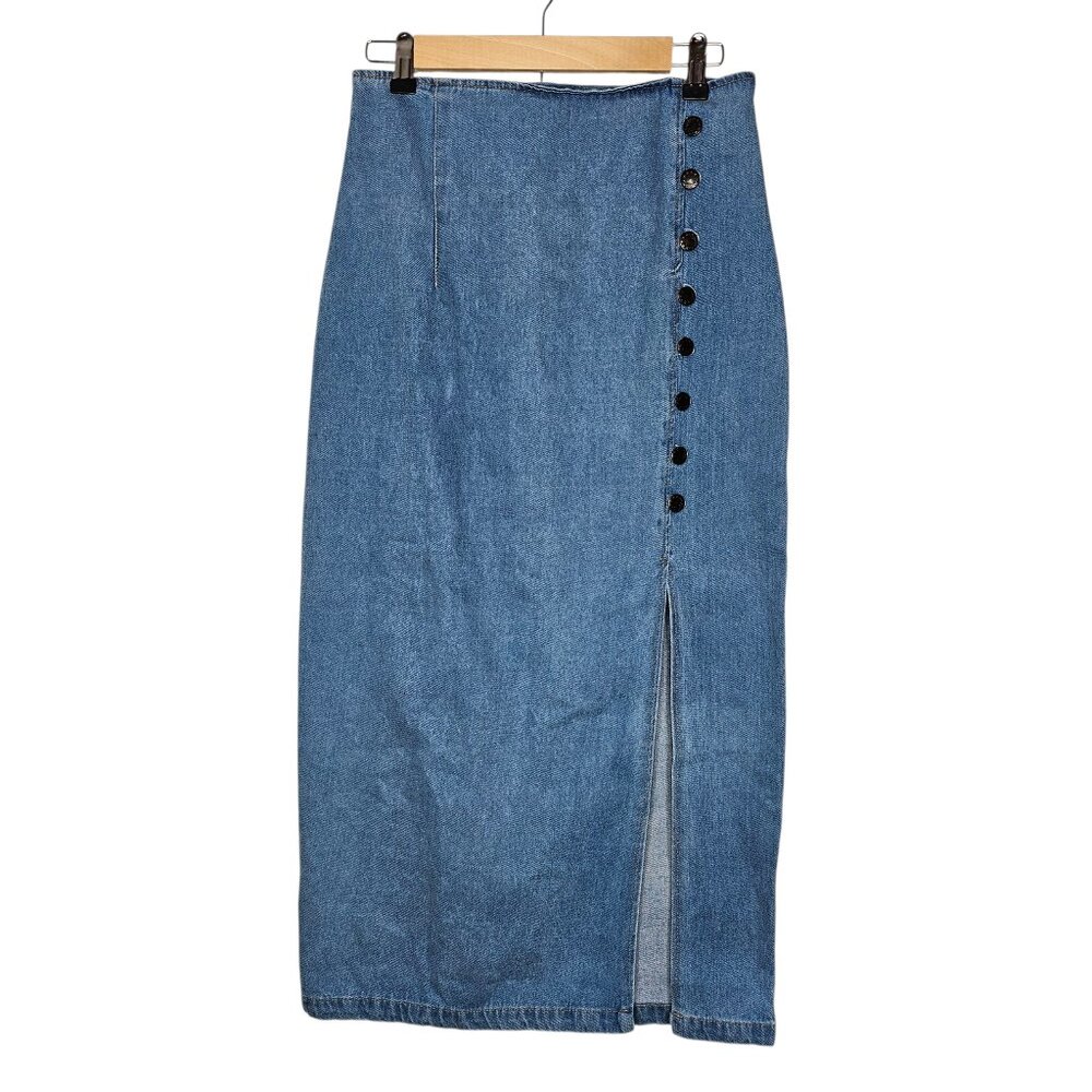 Vintage Denim Midi/Maxi Skirt High Waist Button Detail Front Slit Blue 90s M